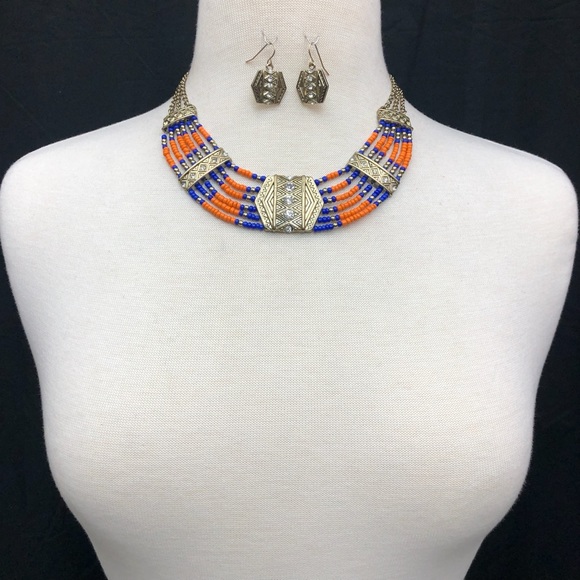 Orange and Blue Seed Bead Tribal Look Statement Necklace Earrings Set - Picture 2 of 4